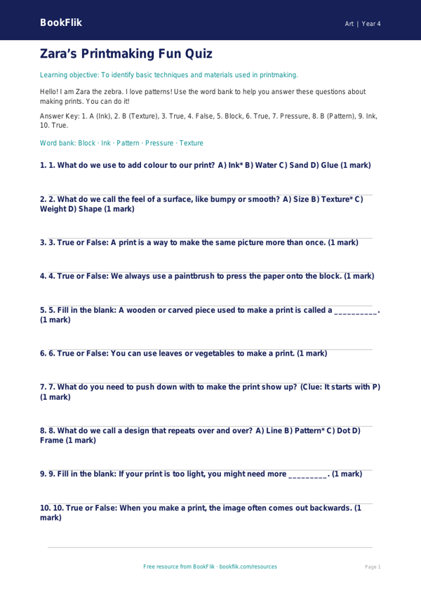 Free Printmaking Quiz | Year 4 Supported | BookFlik worksheet preview — Art Printmaking