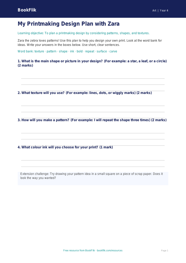 Free Printmaking Template | Year 4 Supported | BookFlik worksheet preview — Art Printmaking