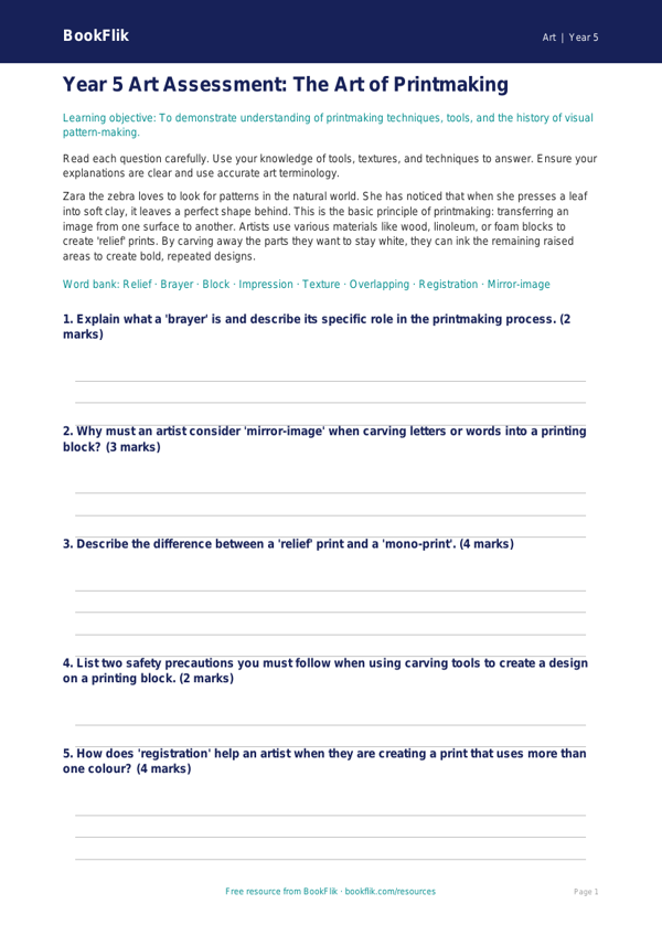 Free Printmaking Assessment | Year 5 Core | BookFlik worksheet preview โ Art Printmaking