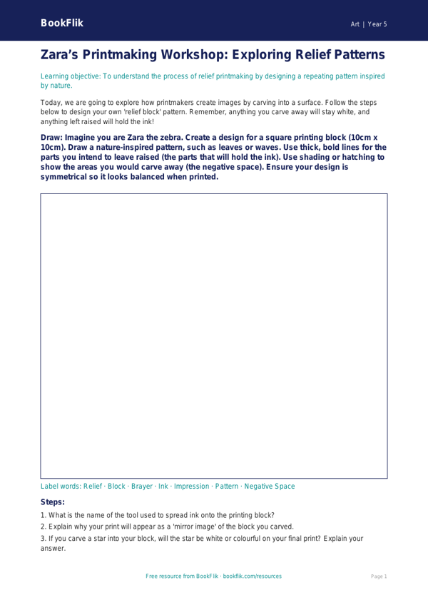 Free Printmaking Drawing Sheet | Year 5 Core | BookFlik worksheet preview — Art Printmaking