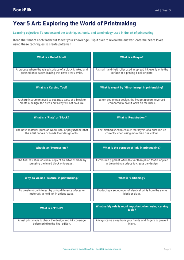 Free Printmaking Flashcards | Year 5 Core | BookFlik worksheet preview — Art Printmaking