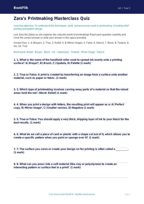 Free Printmaking Quiz | Year 5 Core | BookFlik worksheet preview โ Art Printmaking