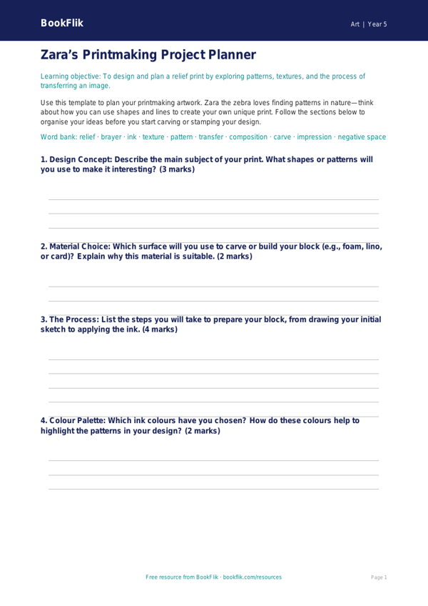 Free Printmaking Template | Year 5 Core | BookFlik worksheet preview — Art Printmaking