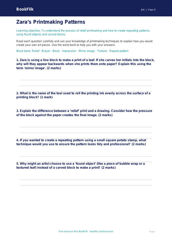 Free Printmaking Worksheet | Year 5 Core | BookFlik worksheet preview — Art Printmaking