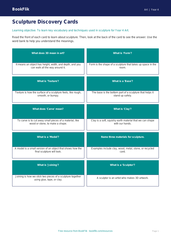 Free Sculpture Flashcards | Year 4 Supported | BookFlik worksheet preview — Art Sculpture