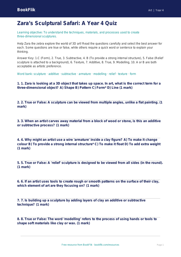Free Sculpture Quiz | Year 4 Greater Depth | BookFlik worksheet preview — Art Sculpture