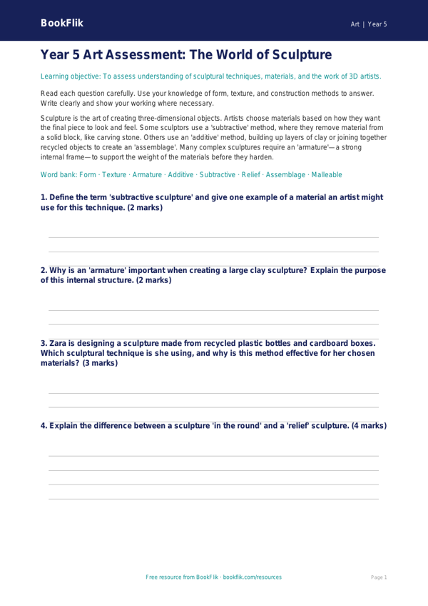 Free Sculpture Assessment | Year 5 Core | BookFlik worksheet preview — Art Sculpture
