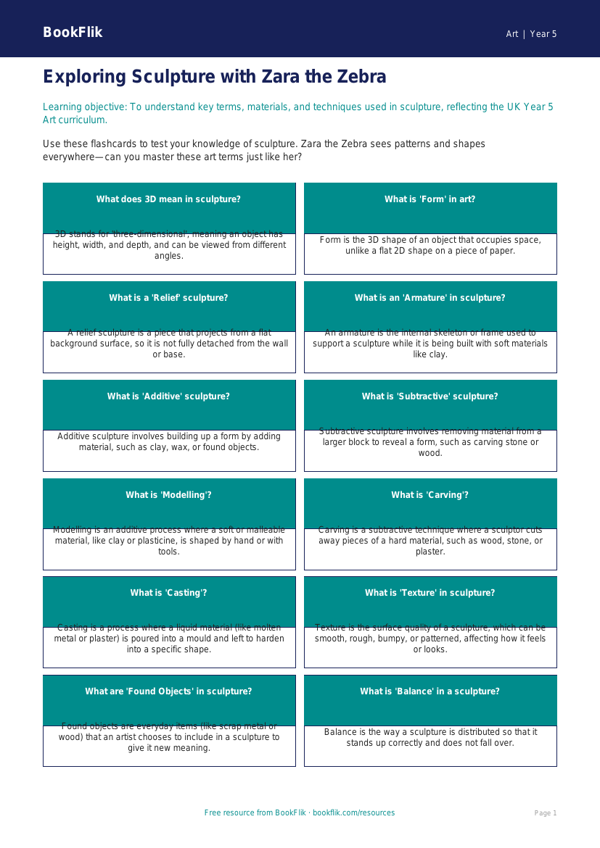 Free Sculpture Flashcards | Year 5 Core | BookFlik worksheet preview — Art Sculpture