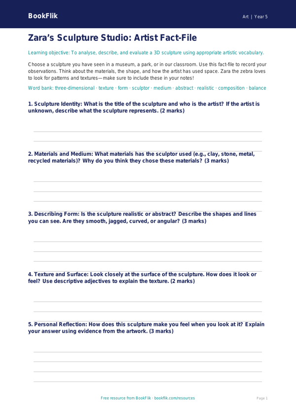 Free Sculpture Template | Year 5 Core | BookFlik worksheet preview — Art Sculpture