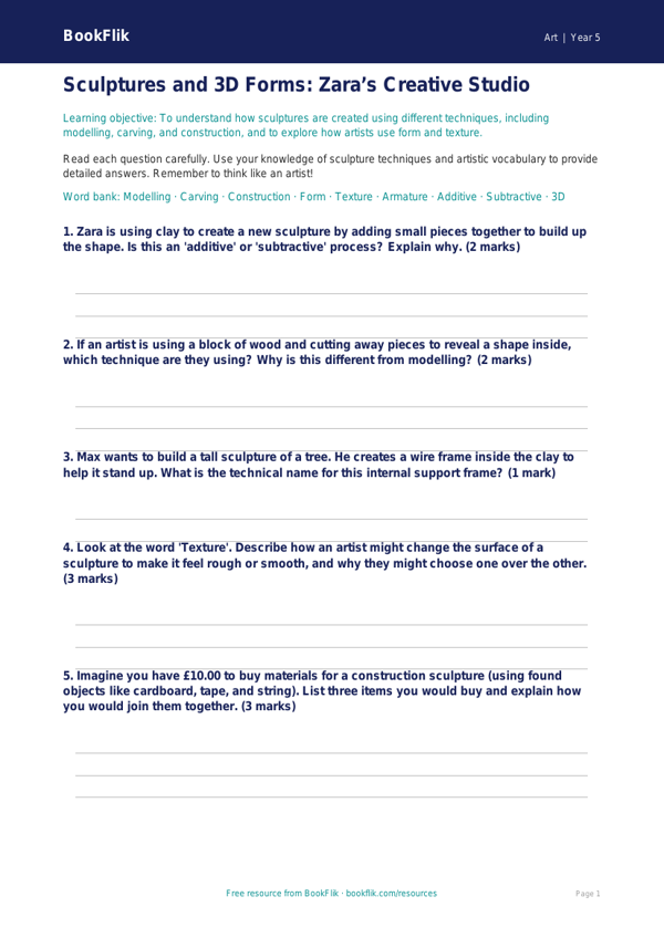 Free Sculpture Worksheet | Year 5 Core | BookFlik worksheet preview โ Art Sculpture