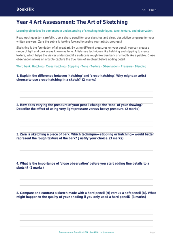 Free Sketching Assessment | Year 4 Greater Depth | BookFlik worksheet preview — Art Sketching