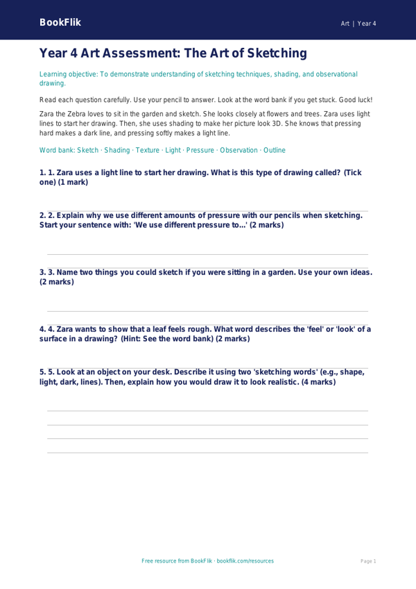 Free Sketching Assessment | Year 4 Supported | BookFlik worksheet preview — Art Sketching