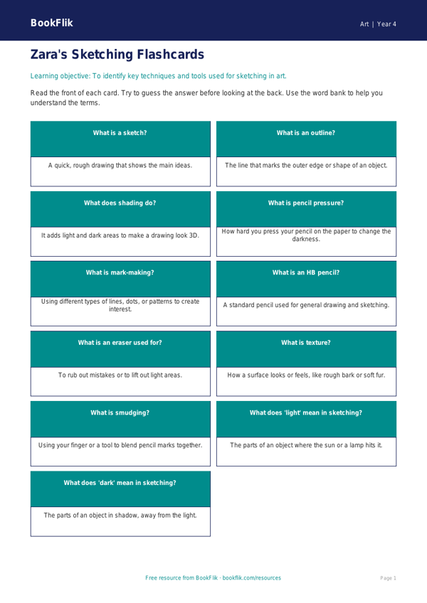 Free Sketching Flashcards | Year 4 Supported | BookFlik worksheet preview — Art Sketching