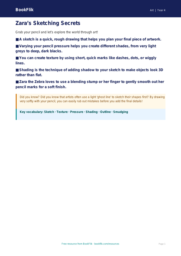Free Sketching Poster | Year 4 Supported | BookFlik worksheet preview — Art Sketching