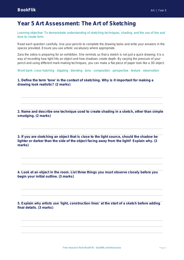 Free Sketching Assessment | Year 5 Core | BookFlik worksheet preview — Art Sketching