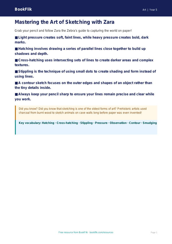 Free Sketching Poster | Year 5 Core | BookFlik worksheet preview — Art Sketching