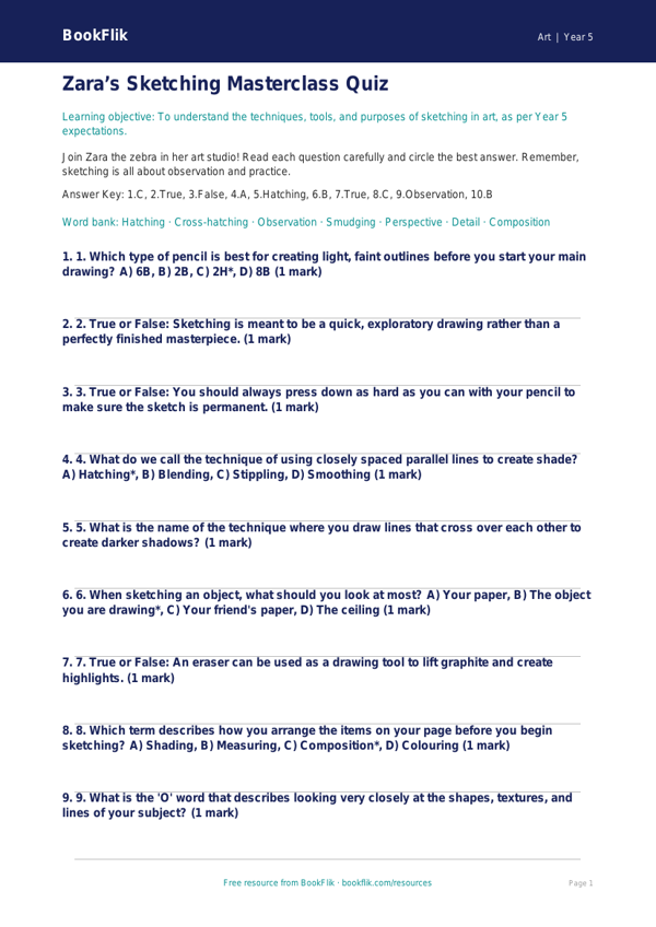 Free Sketching Quiz | Year 5 Core | BookFlik worksheet preview โ Art Sketching