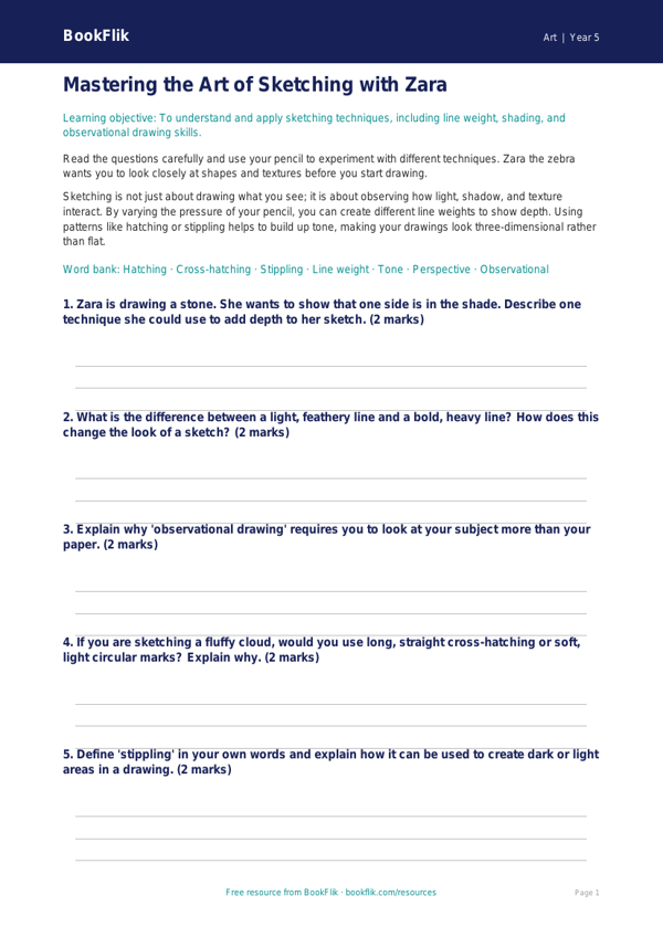 Free Sketching Worksheet | Year 5 Core | BookFlik worksheet preview — Art Sketching