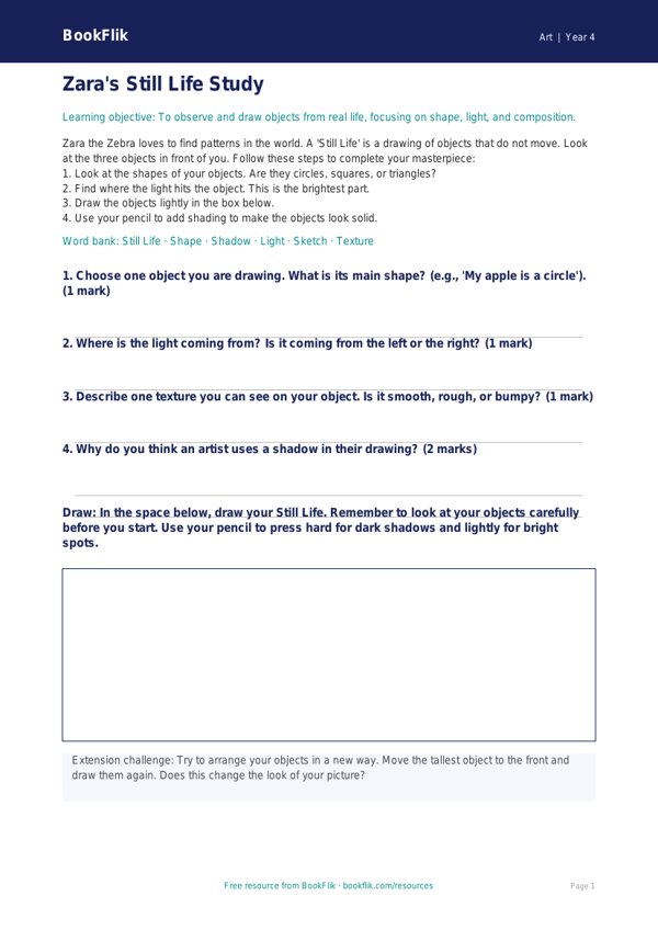 Free Still Life Activity Sheet | Year 4 Supported | BookFlik worksheet preview — Art Still Life