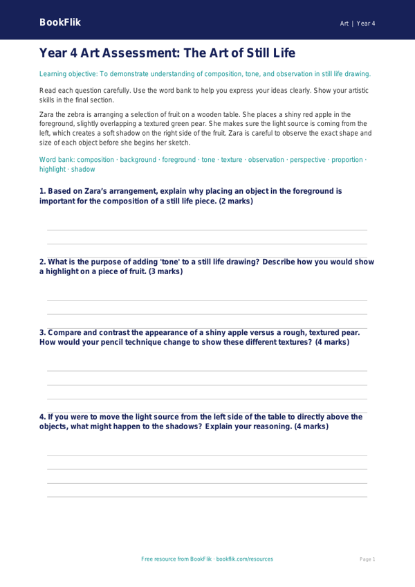 Free Still Life Assessment | Year 4 Greater Depth | BookFlik worksheet preview — Art Still Life