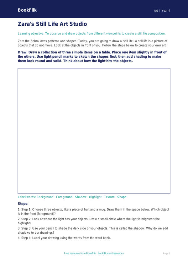 Free Still Life Drawing Sheet | Year 4 Supported | BookFlik worksheet preview — Art Still Life