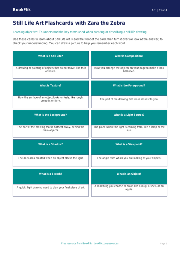 Free Still Life Flashcards | Year 4 Supported | BookFlik worksheet preview — Art Still Life