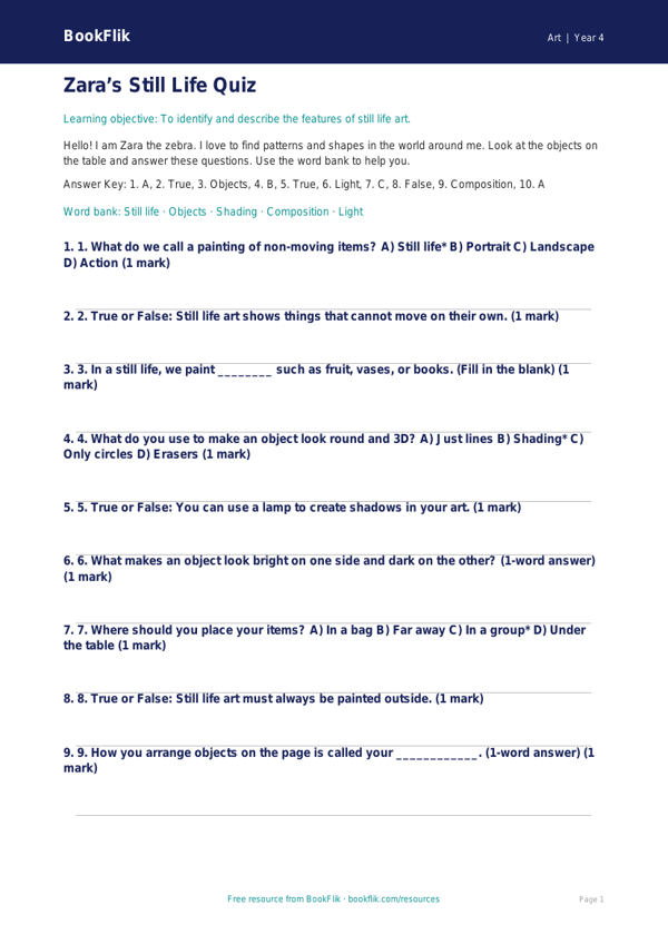 Free Still Life Quiz | Year 4 Supported | BookFlik worksheet preview — Art Still Life