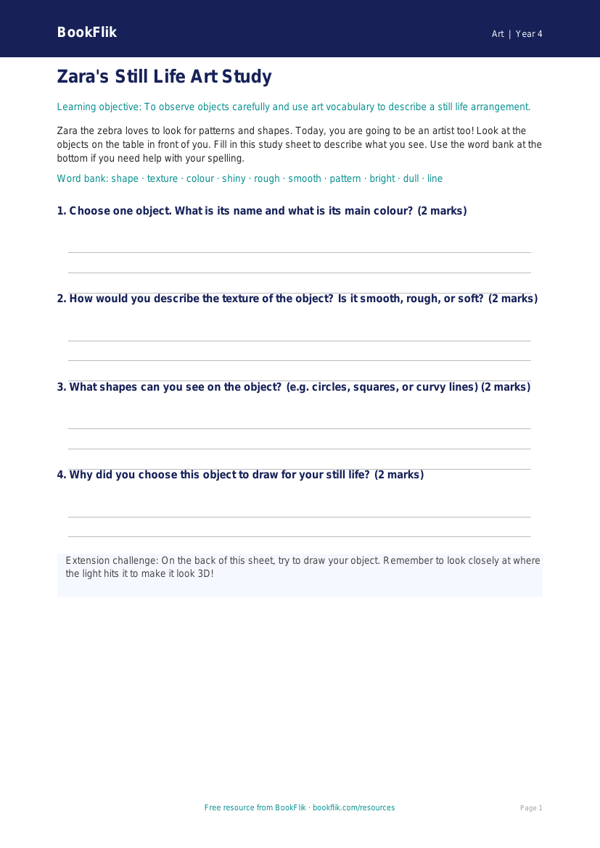 Free Still Life Template | Year 4 Supported | BookFlik worksheet preview — Art Still Life