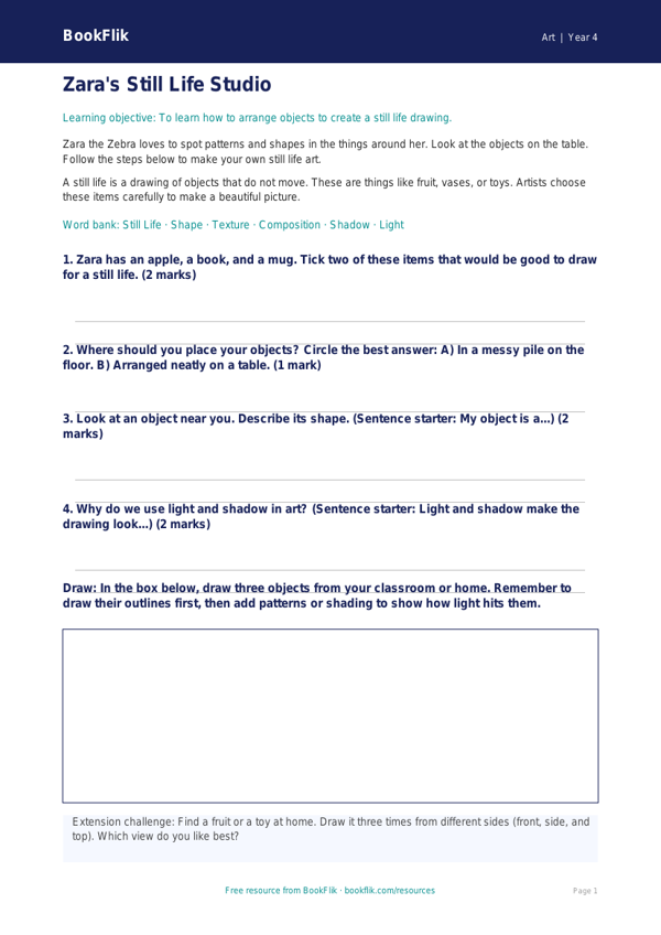 Free Still Life Worksheet | Year 4 Supported | BookFlik worksheet preview — Art Still Life