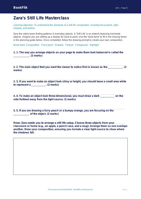 Free Still Life Activity Sheet | Year 5 Core | BookFlik worksheet preview โ Art Still Life