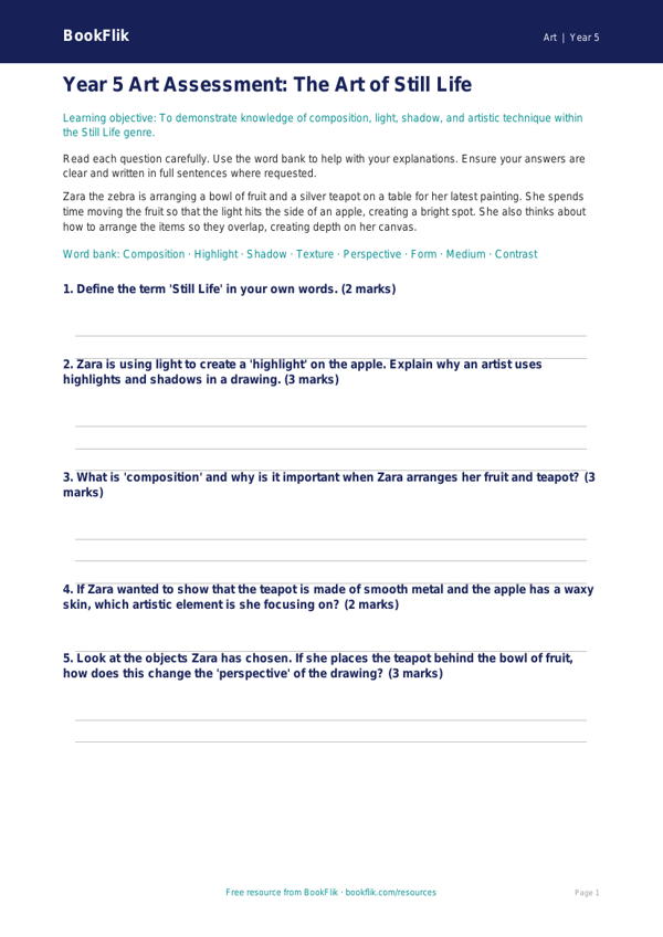 Free Still Life Assessment | Year 5 Core | BookFlik worksheet preview — Art Still Life
