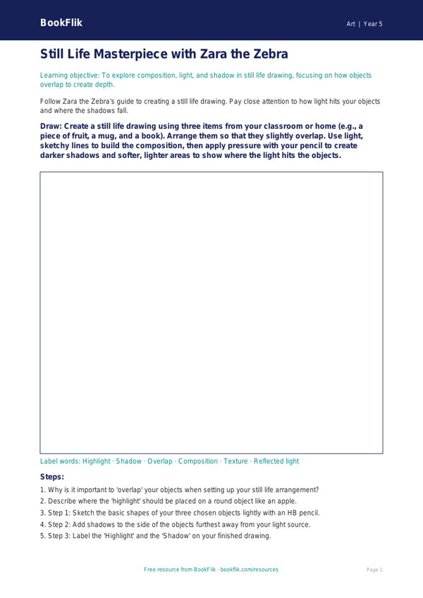 Free Still Life Drawing Sheet | Year 5 Core | BookFlik worksheet preview — Art Still Life