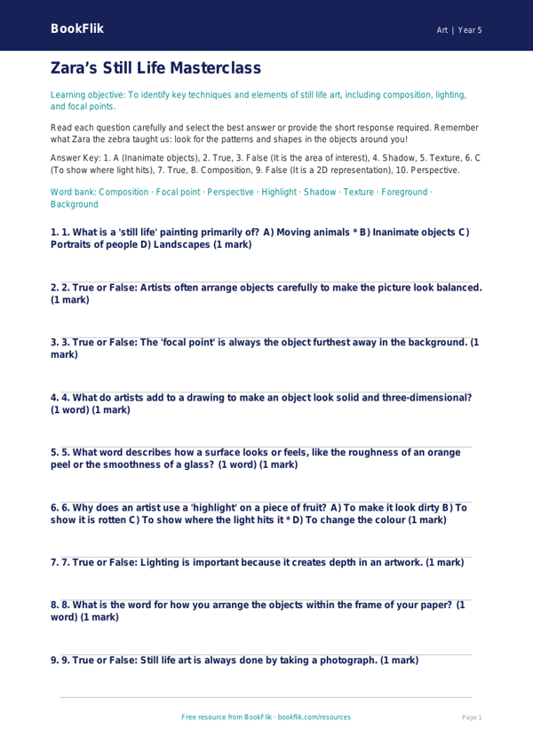 Free Still Life Quiz | Year 5 Core | BookFlik worksheet preview — Art Still Life