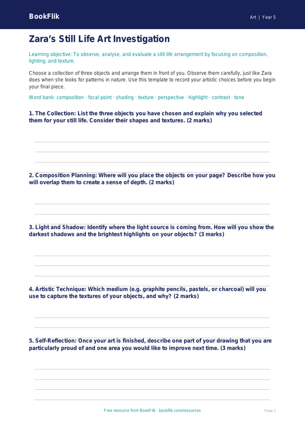 Free Still Life Template | Year 5 Core | BookFlik worksheet preview — Art Still Life