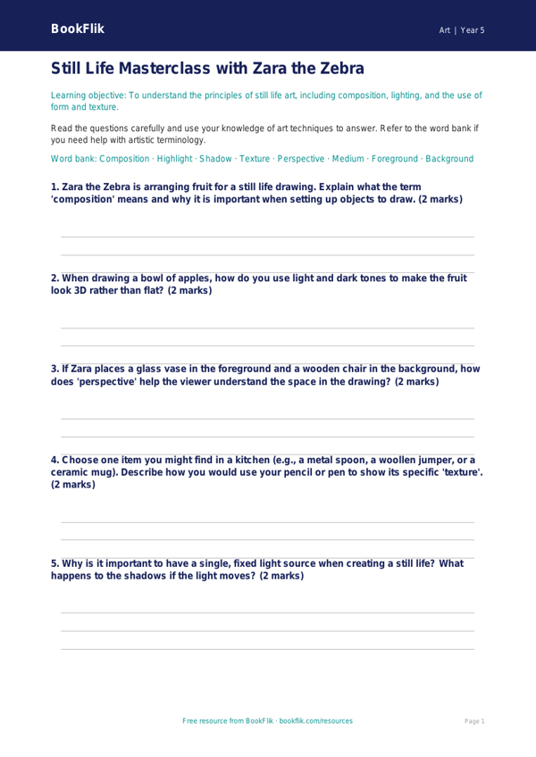 Free Still Life Worksheet | Year 5 Core | BookFlik worksheet preview — Art Still Life