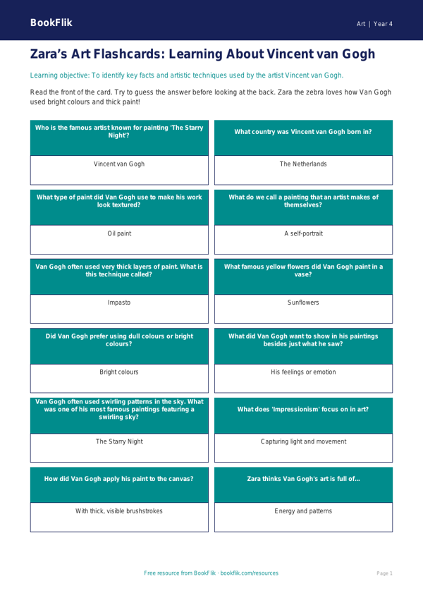 Free Van Gogh Flashcards | Year 4 Supported | BookFlik worksheet preview — Art Van Gogh