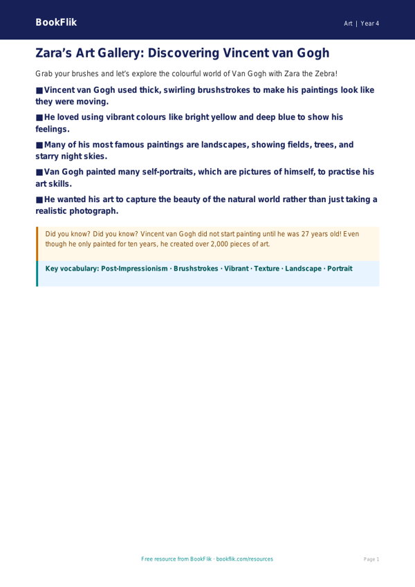 Free Van Gogh Poster | Year 4 Supported | BookFlik worksheet preview — Art Van Gogh