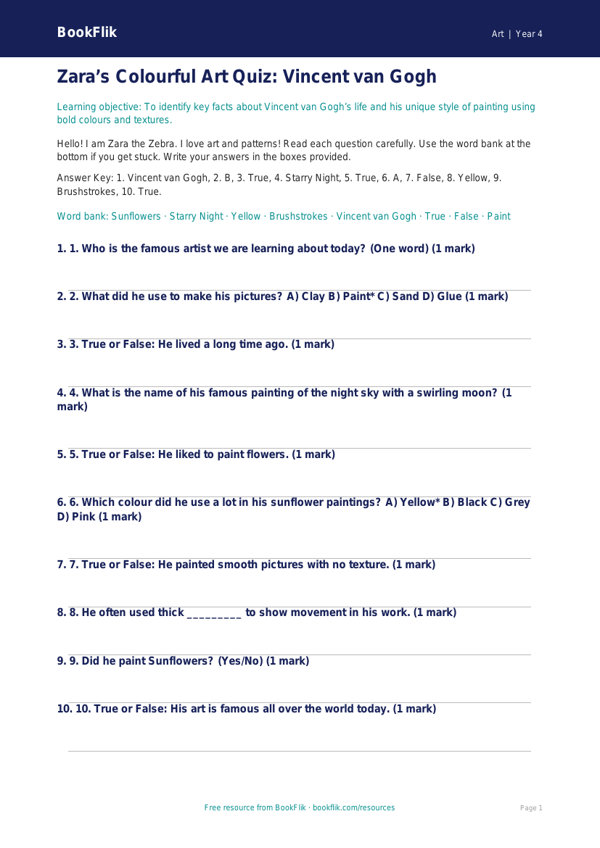 Free Van Gogh Quiz | Year 4 Supported | BookFlik worksheet preview — Art Van Gogh