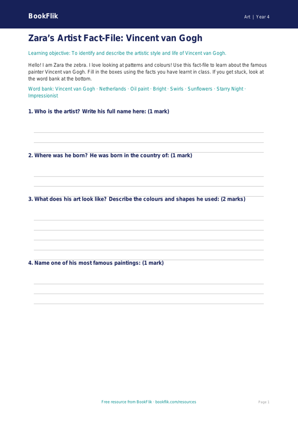 Free Van Gogh Template | Year 4 Supported | BookFlik worksheet preview — Art Van Gogh
