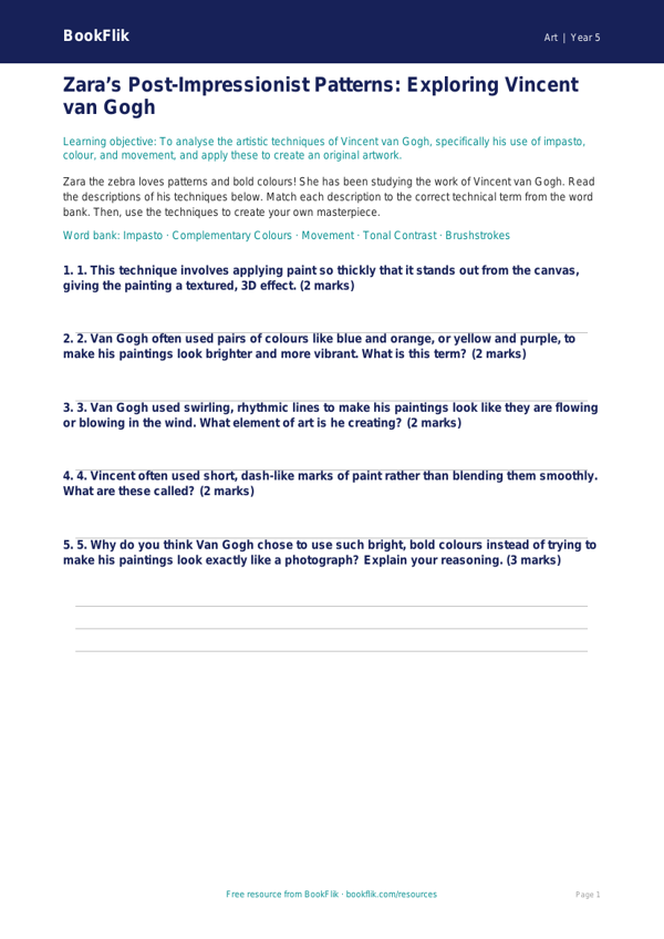Free Van Gogh Activity Sheet | Year 5 Core | BookFlik worksheet preview β Art Van Gogh