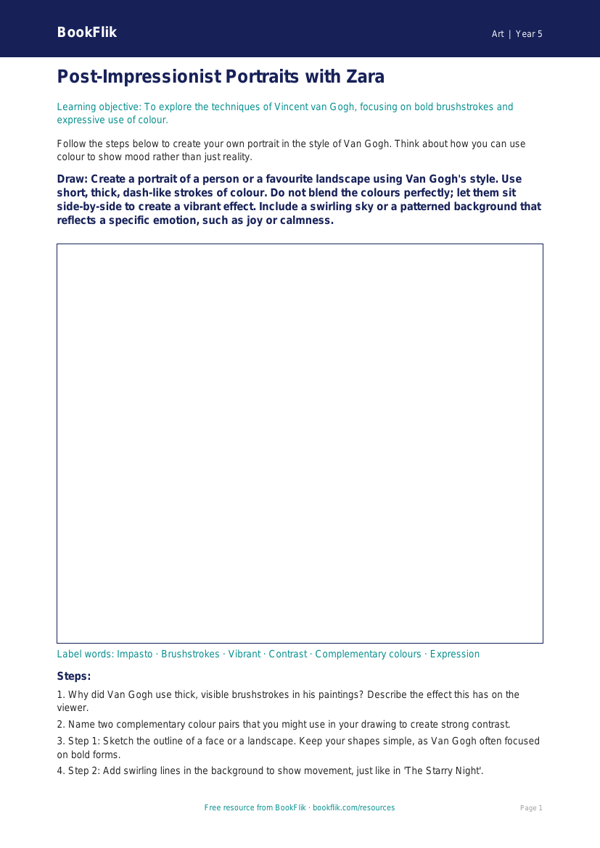 Free Van Gogh Drawing Sheet | Year 5 Core | BookFlik worksheet preview — Art Van Gogh