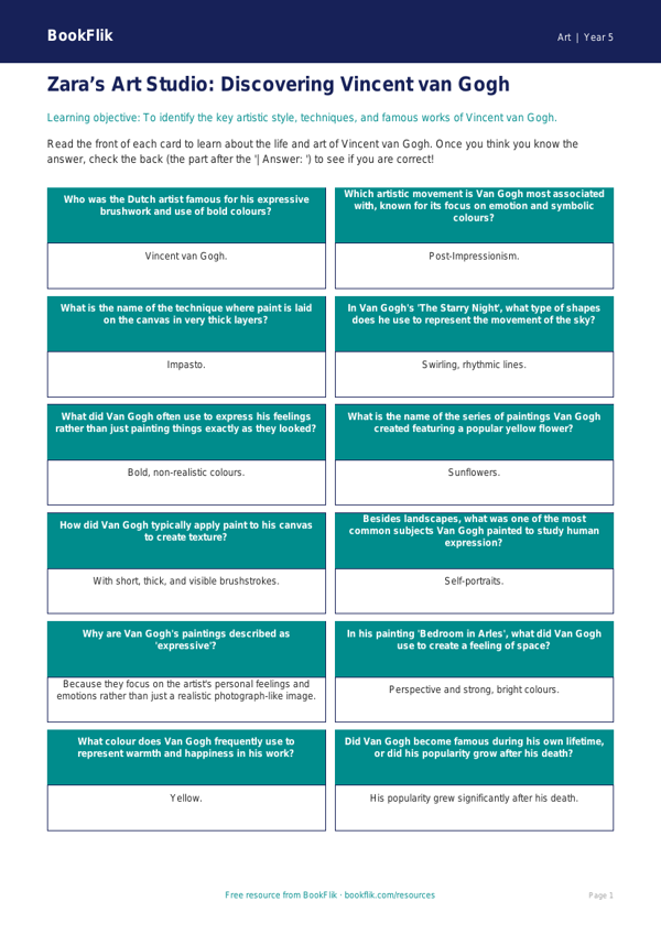 Free Van Gogh Flashcards | Year 5 Core | BookFlik worksheet preview — Art Van Gogh