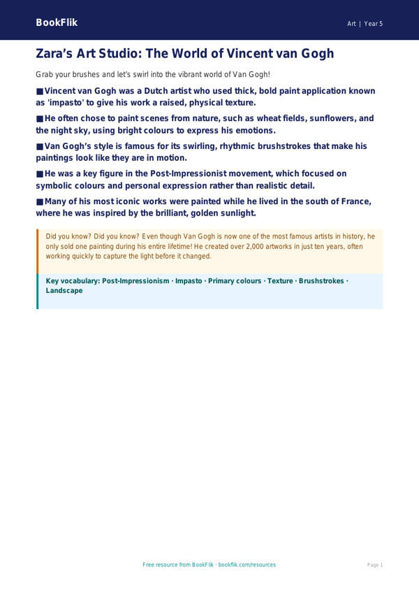 Free Van Gogh Poster | Year 5 Core | BookFlik worksheet preview โ Art Van Gogh