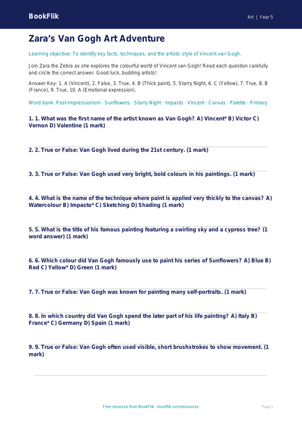 Free Van Gogh Quiz | Year 5 Core | BookFlik worksheet preview โ Art Van Gogh