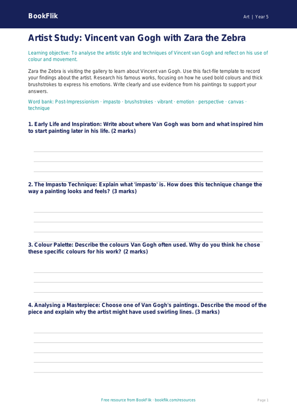 Free Van Gogh Art Worksheet | Year 5 Lesson Plan | BookFlik worksheet preview — Art Van Gogh