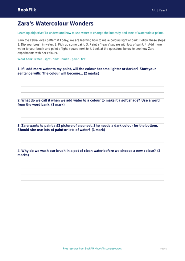 Free Watercolour Activity Sheet | Year 4 Supported | BookFlik worksheet preview — Art Watercolour