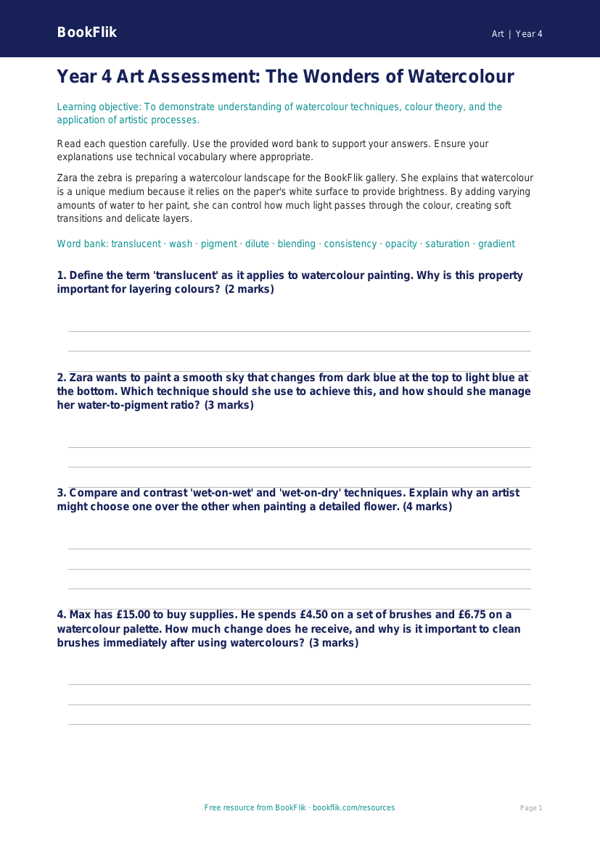 Free Watercolour Assessment | Year 4 Greater Depth | BookFlik worksheet preview — Art Watercolour
