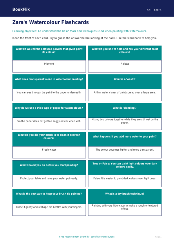 Free Watercolour Flashcards | Year 4 Supported | BookFlik worksheet preview — Art Watercolour