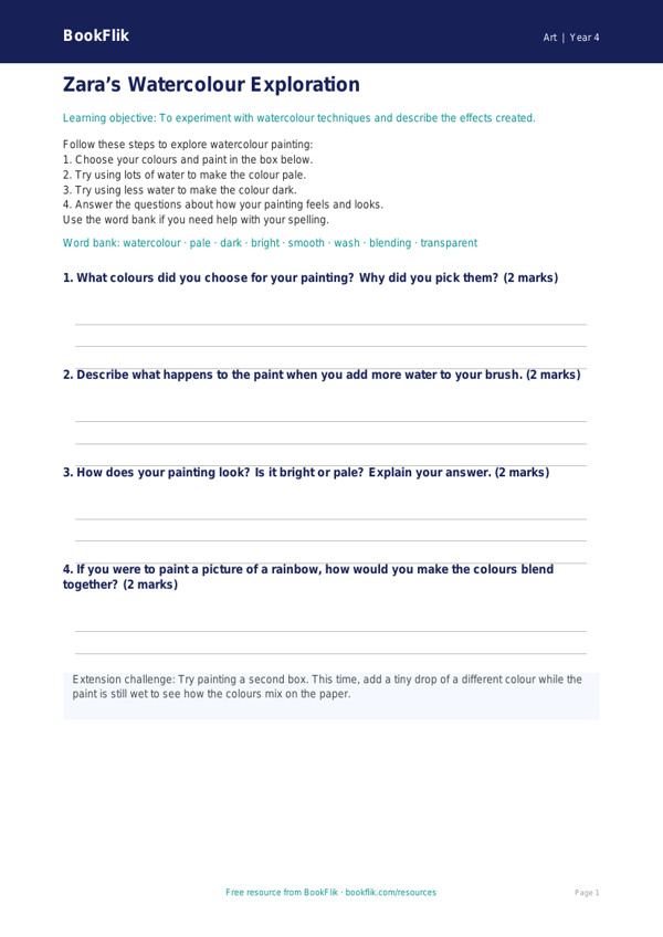 Free Watercolour Template | Year 4 Supported | BookFlik worksheet preview — Art Watercolour