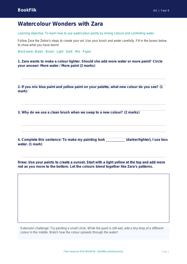 Free Watercolour Worksheet | Year 4 Supported | BookFlik worksheet preview — Art Watercolour